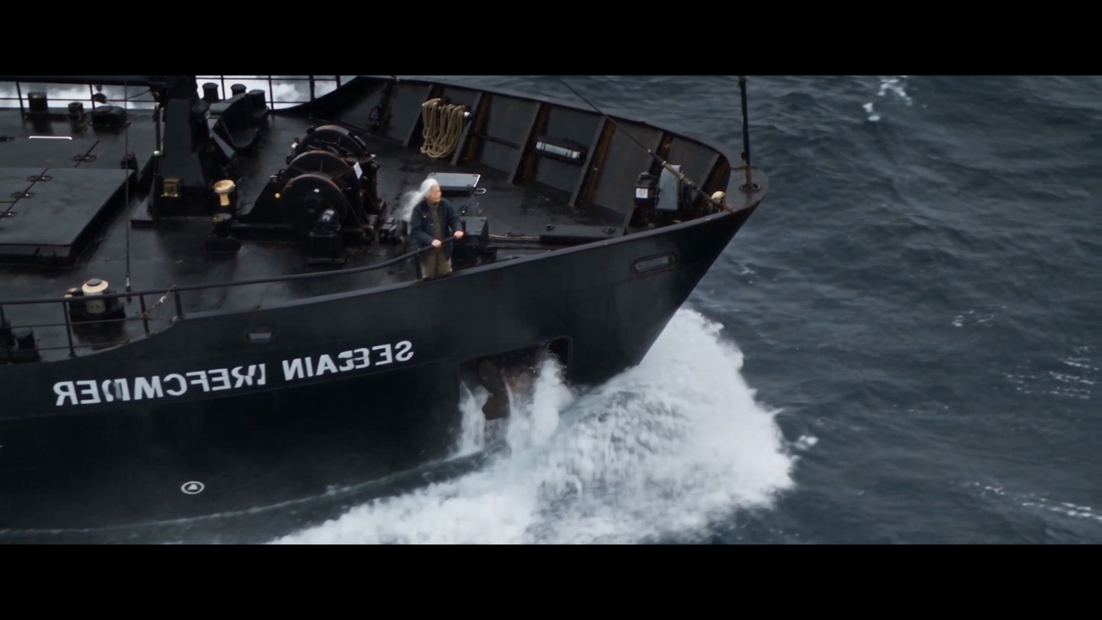 The whaling ship cutting through heavy seas